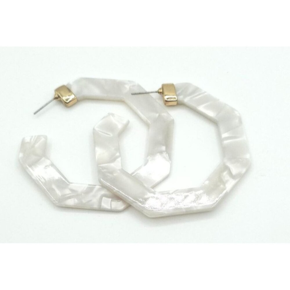 Geometric White Acrylic Hoop Earrings With Gold Accents - Lightweight & Stylish